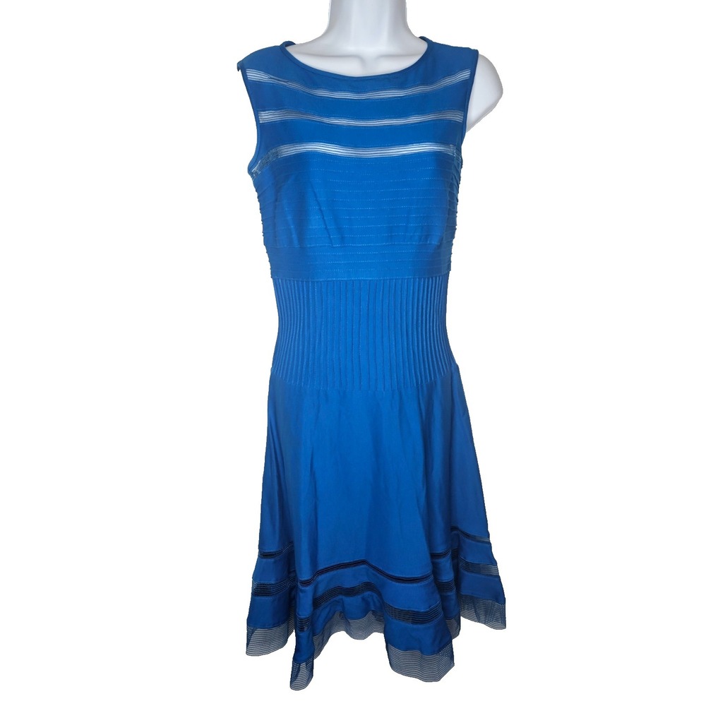 Tadashi Shoji Fit & Flare Dress Women XS Navy‎ Blue Mesh Stripe Pintuck Party